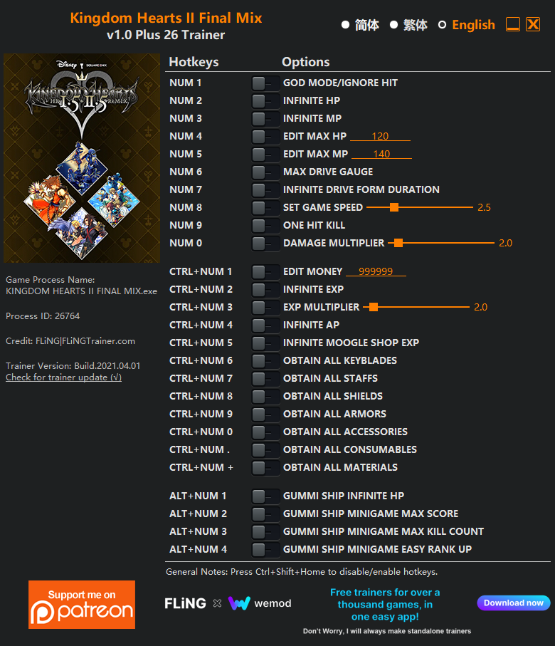 Kingdom Hearts II Final Mix Trainer +26