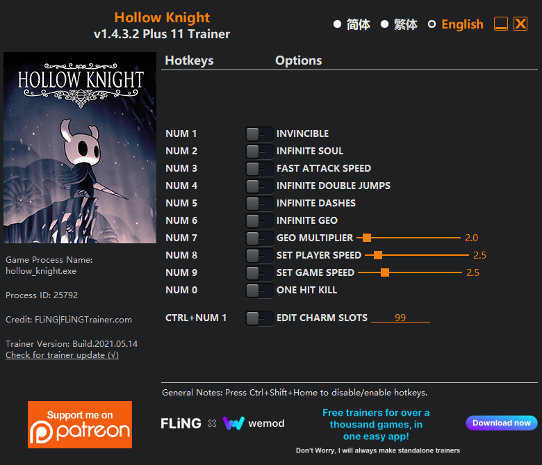 Hollow Knight v1.4.3.2 Trainer +11