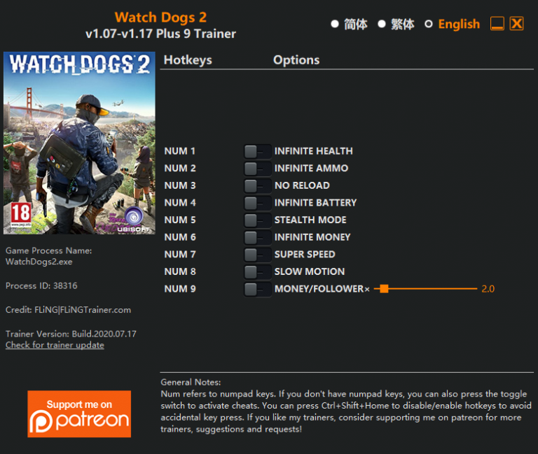 Watch Dogs 2 v1.17 Trainer +9