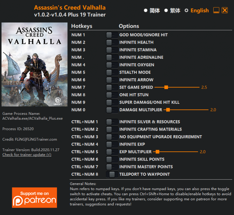 Assassin's Creed Valhalla v1.0.4 Trainer +19