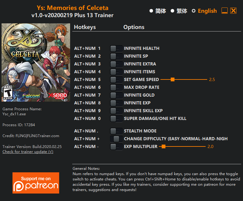 Ys: Memories of Celceta Trainer +13