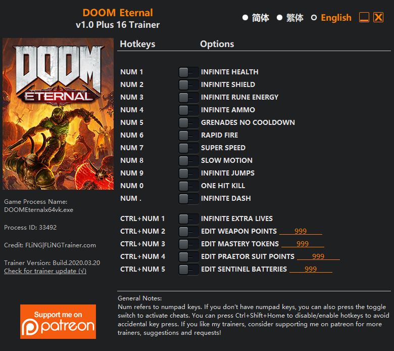 Doom Eternal Trainer +16