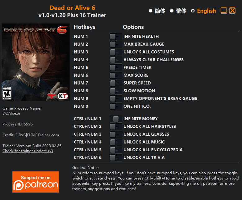 Dead or Alive 6 v1.20 Trainer +16