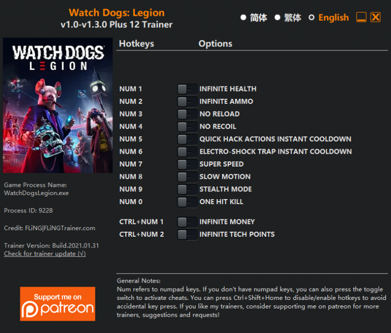 Watch Dogs: Legion v1.3.0 Trainer +12