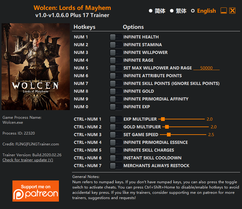 Wolcen: Lords of Mayhem v1.0.6.0 Trainer +17