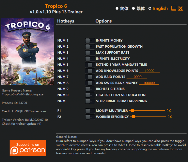 Tropico 6 v1.10 Trainer + 13