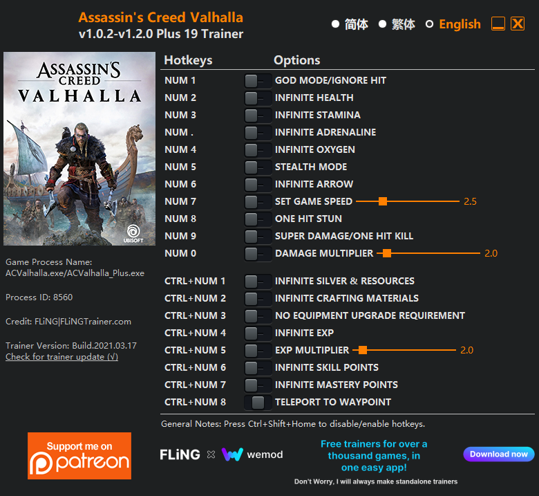 Assassin's Creed Valhalla v1.2.0 Trainer +19