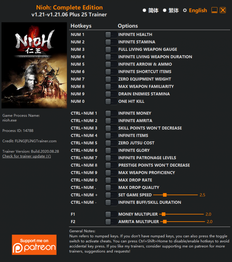 Nioh: Complete Edition v1.21.06 Trainer +25