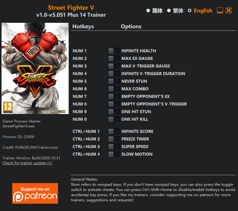 Street Fighter V: Champion Edition v5.051 Trainer +14