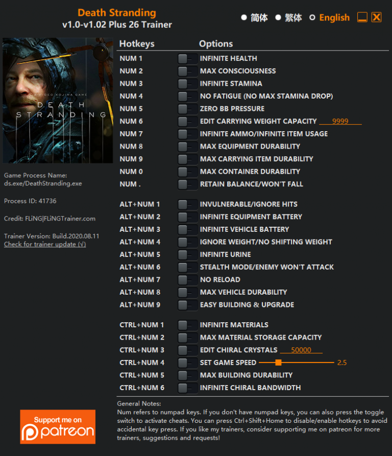 Death Stranding v1.02 Trainer +26