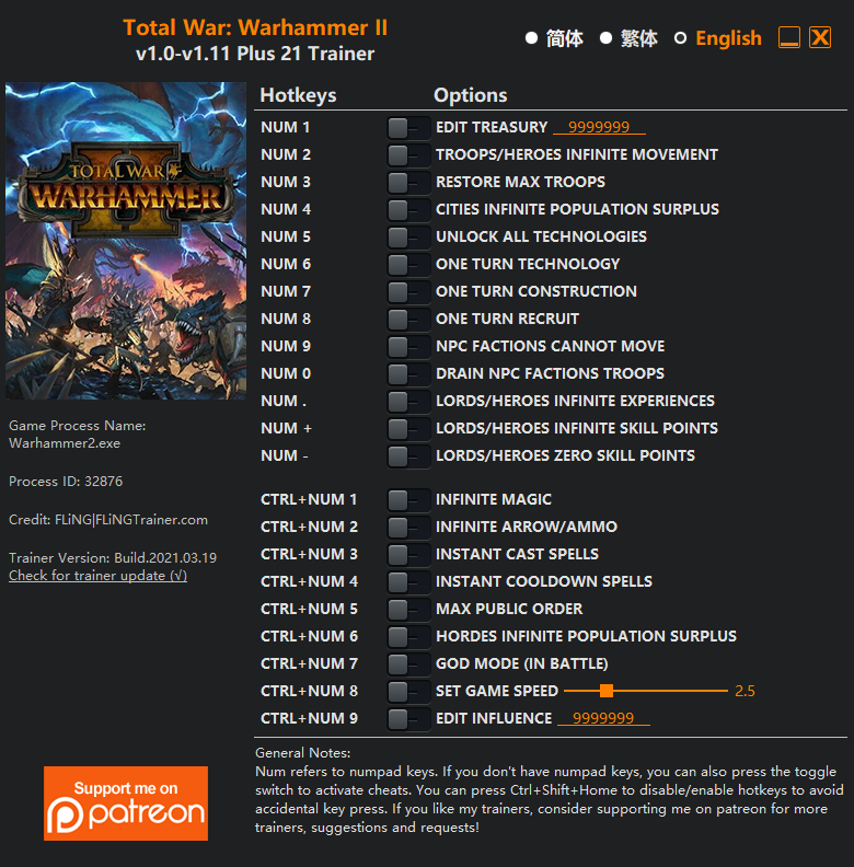 Total War: Warhammer II v1.11 Trainer +21