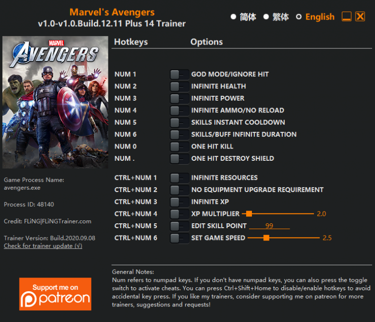 Marvel's Avengers  v1.0 Build 12.11 Trainer +14