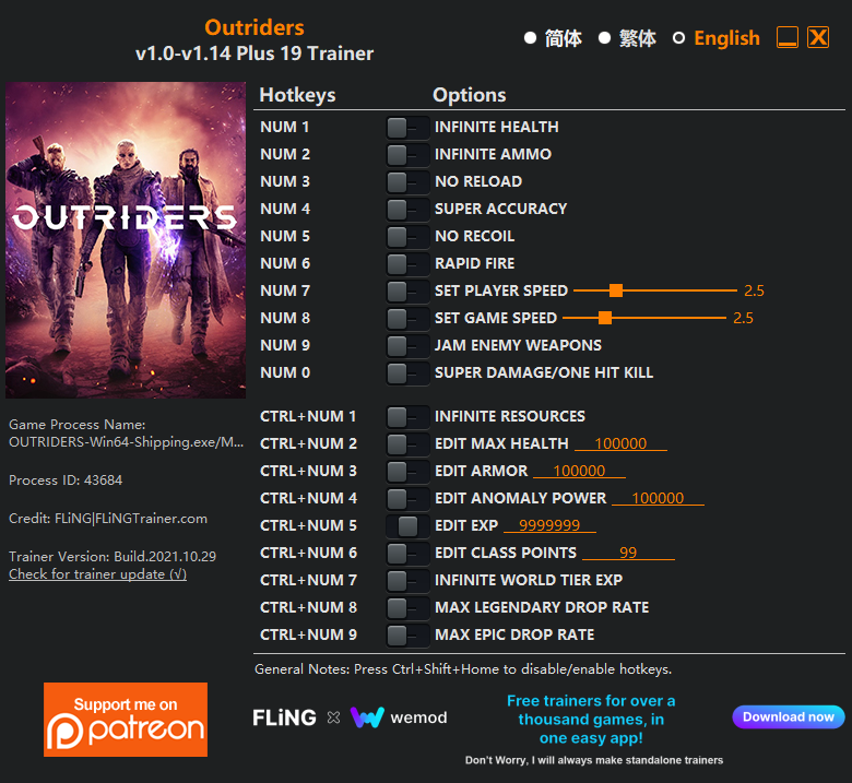 Outriders v1.14 Trainer +19
