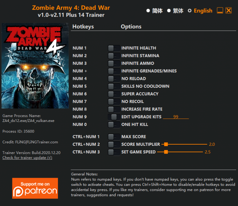 Zombie Army 4: Dead War v2.11 Trainer +14