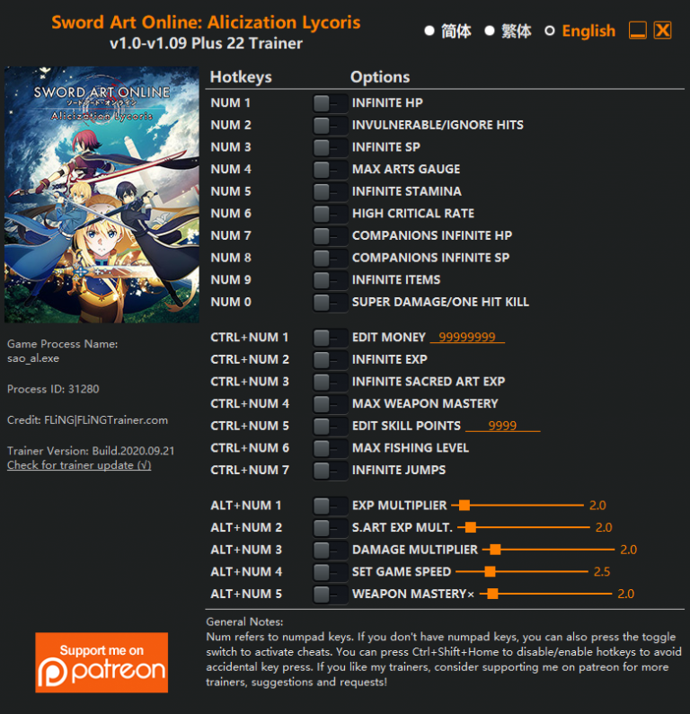 Sword Art Online: Alicization Lycoris v1.09 Trainer +22