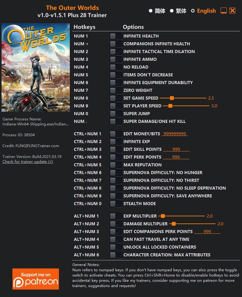 The Outer Worlds v1.5.1 Trainer +28