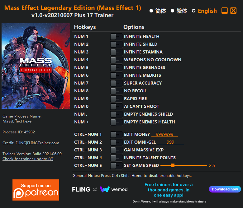 Mass Effect Legendary Edition (Mass Effect 1) v07.06.2021 Trainer +17