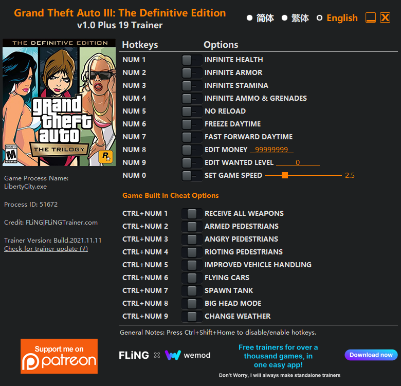 Grand Theft Auto III: The Definitive Edition Trainer +19