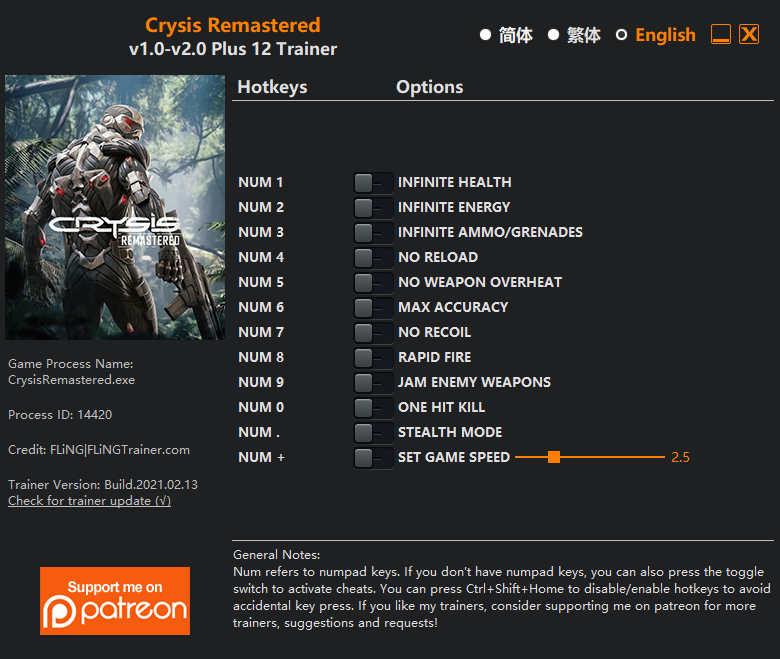 Crysis Remastered v2.0 Trainer +12