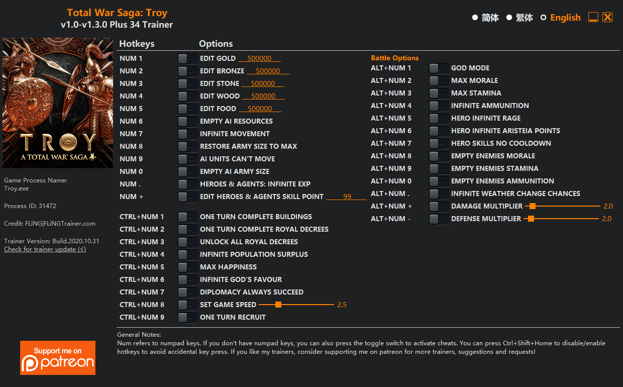 A Total War Saga: Troy v1.3.0 Trainer +34