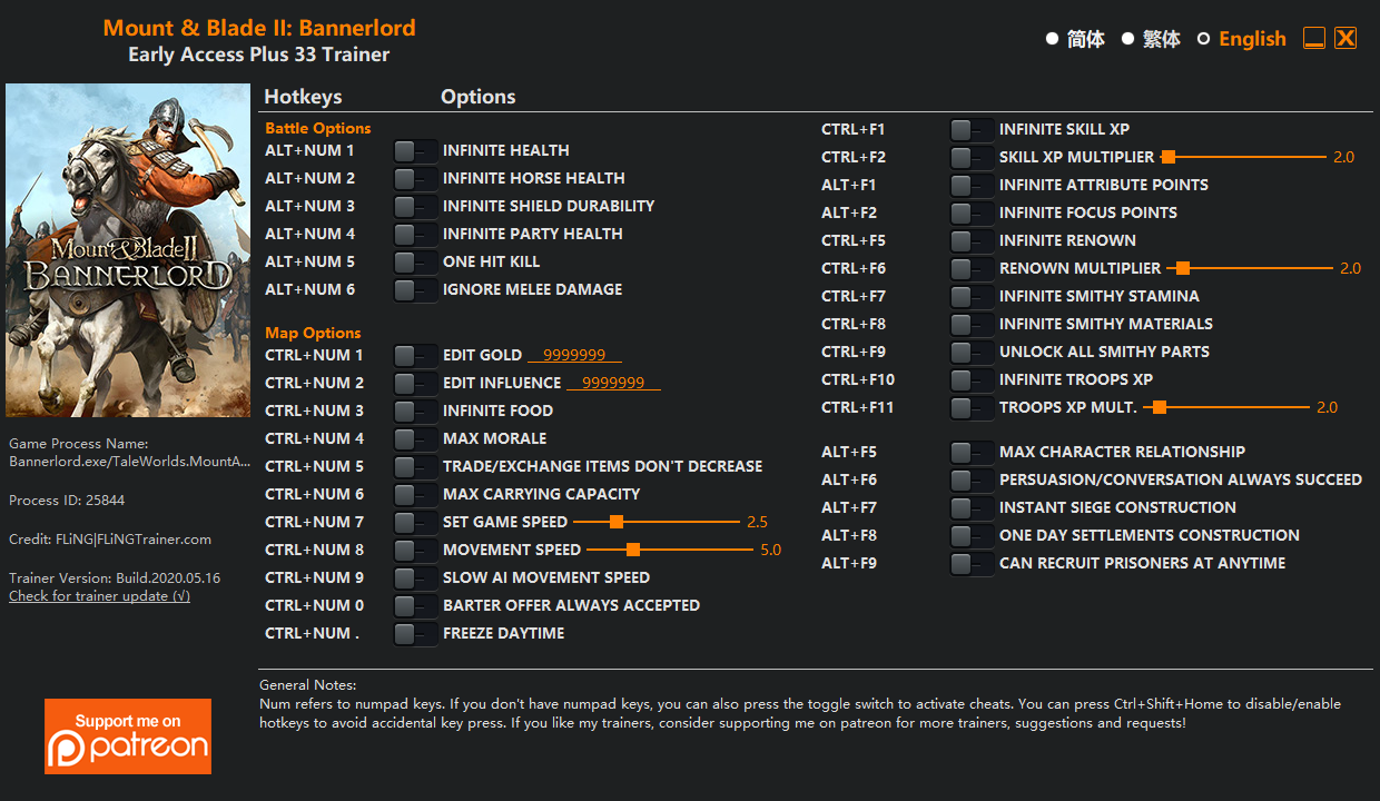 Mount & Blade II: Bannerlord v16.05.2020 Trainer +33