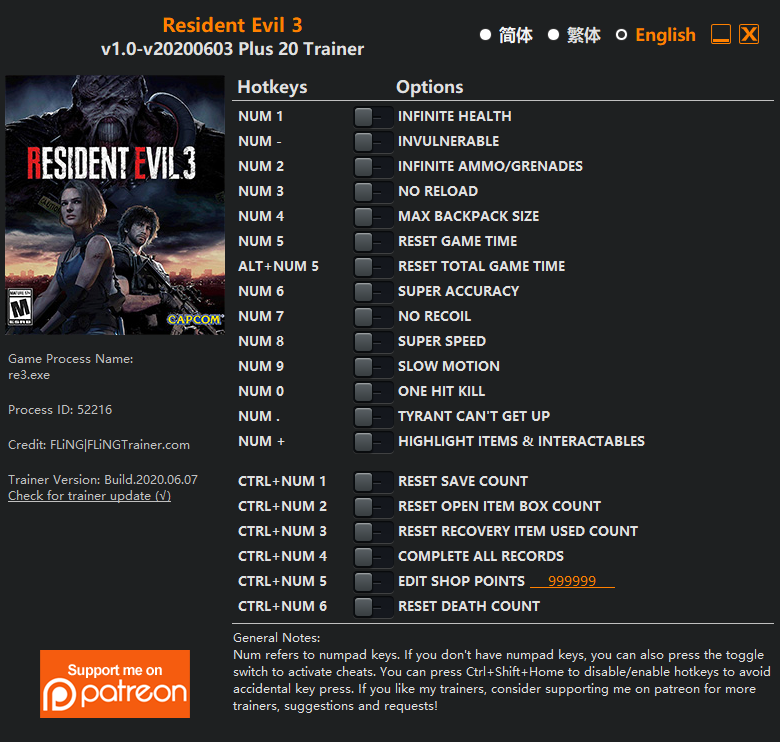 Resident Evil 3 v03.06.2020 Trainer +20