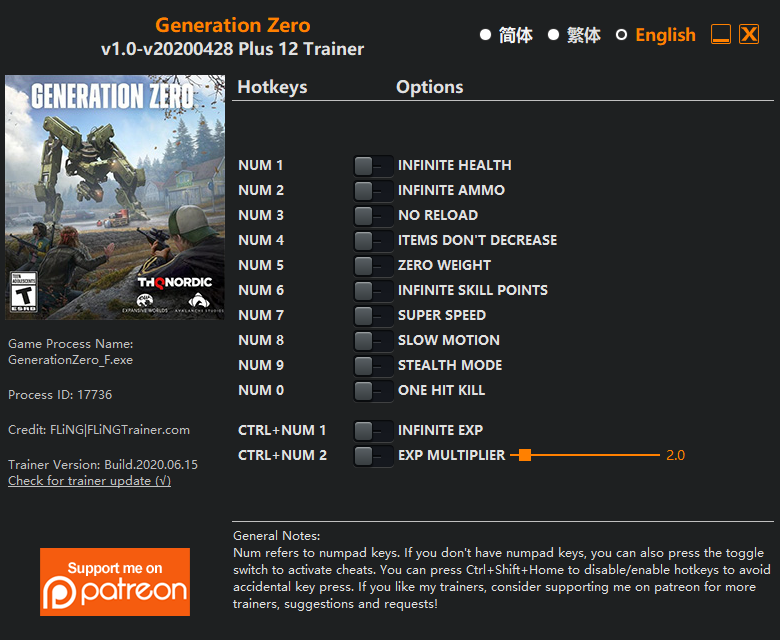 Generation Zero v2020.04.28 Trainer +12