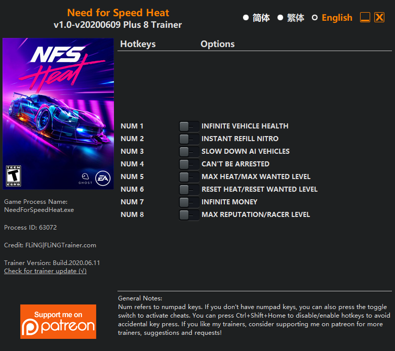 Need for Speed: Heat v2020.06.09 Trainer +8