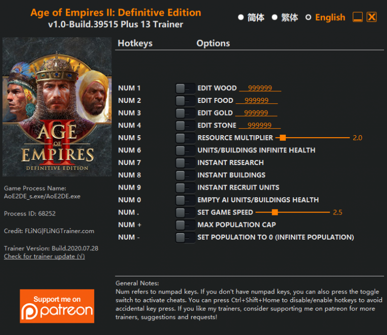 Age of Empires II: Definitive Edition v1.0 Build.39515 Trainer +13