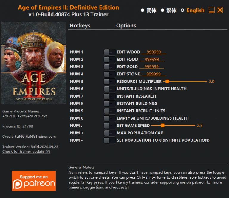 Age of Empires II: Definitive Edition v1.0 Build.40874 Trainer +13