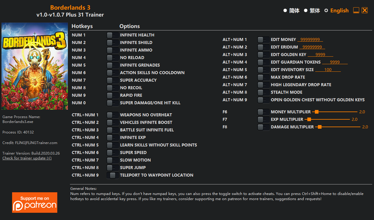 Borderlands 3 v1.0.7 Trainer +31