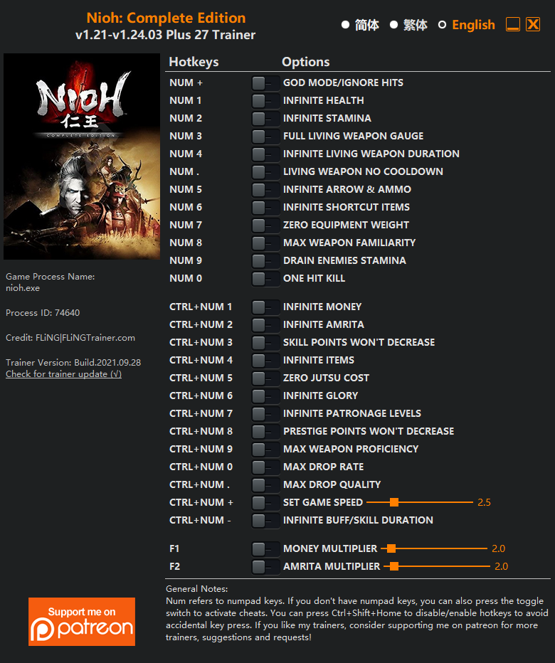 Nioh: Complete Edition v1.24.03 Trainer +27