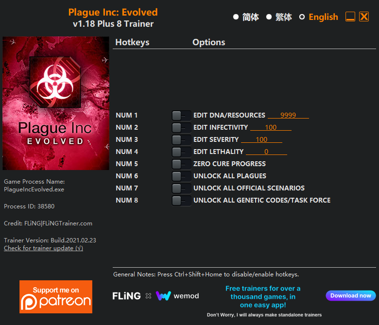 Plague Inc: Evolved v1.18 Trainer +8