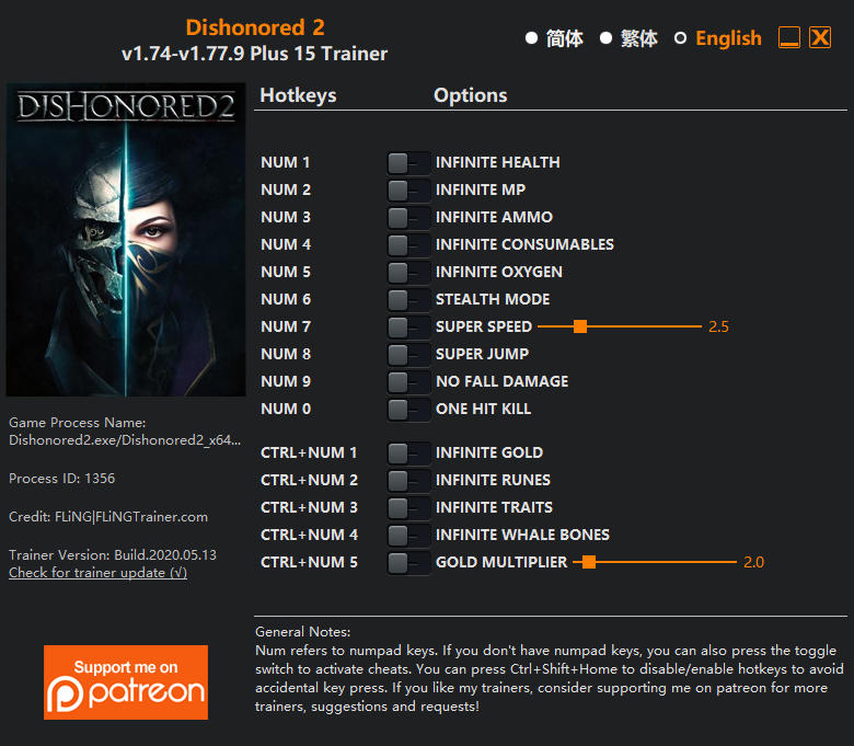 Dishonored 2 v1.77.9.0 Trainer +15