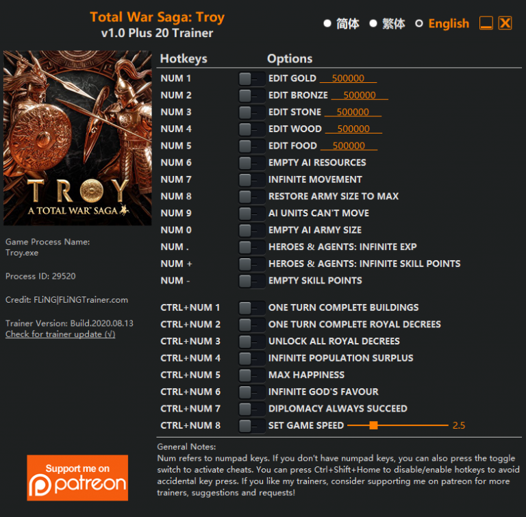 A Total War Saga: Troy Trainer +20