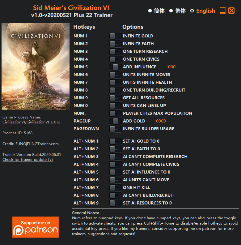 Sid Meier's Civilization VI Trainer +22