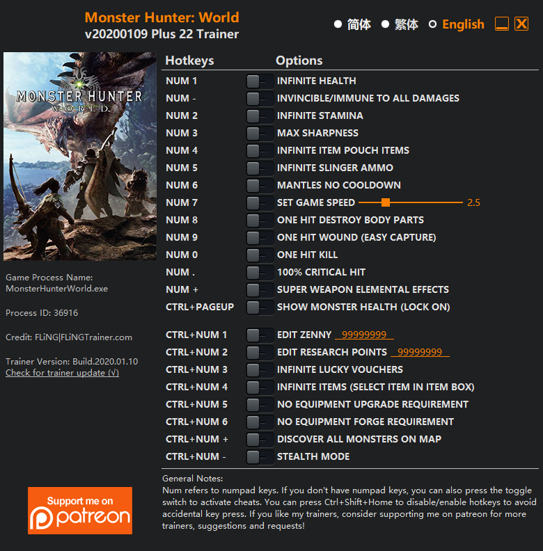 Monster Hunter: World v2020.01.09 Trainer +22