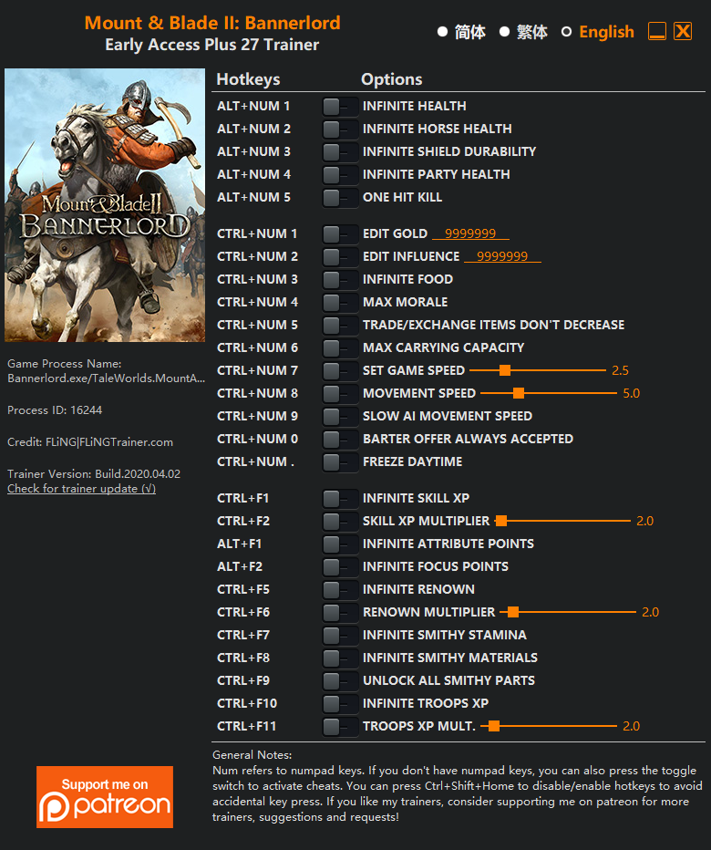 Mount & Blade II : Bannerlord Trainer +27