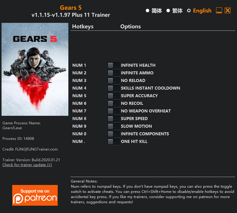 Gears 5 v1.1.97 Trainer +11