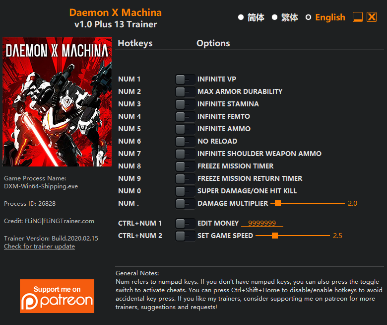 Daemon X Machina Trainer +13