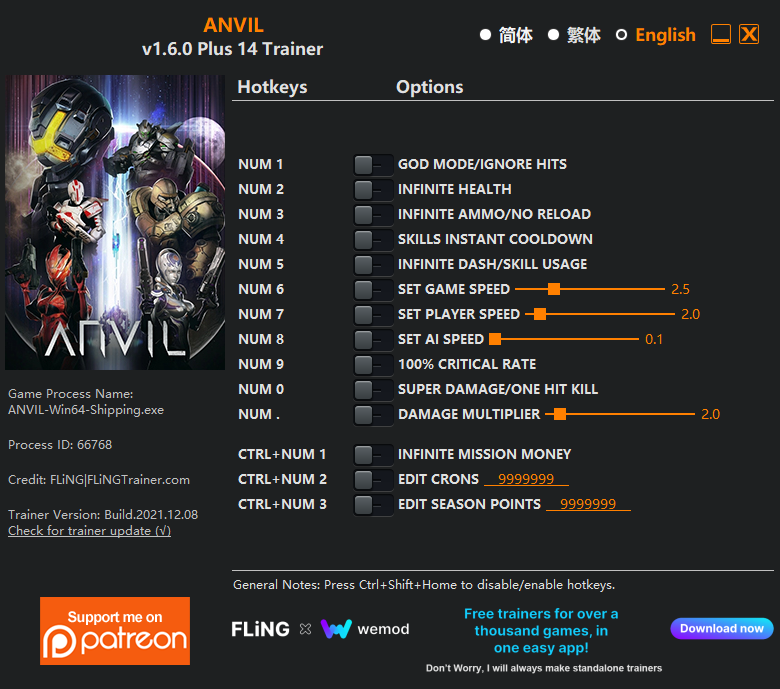 ANVIL v1.6.0 Trainer +14