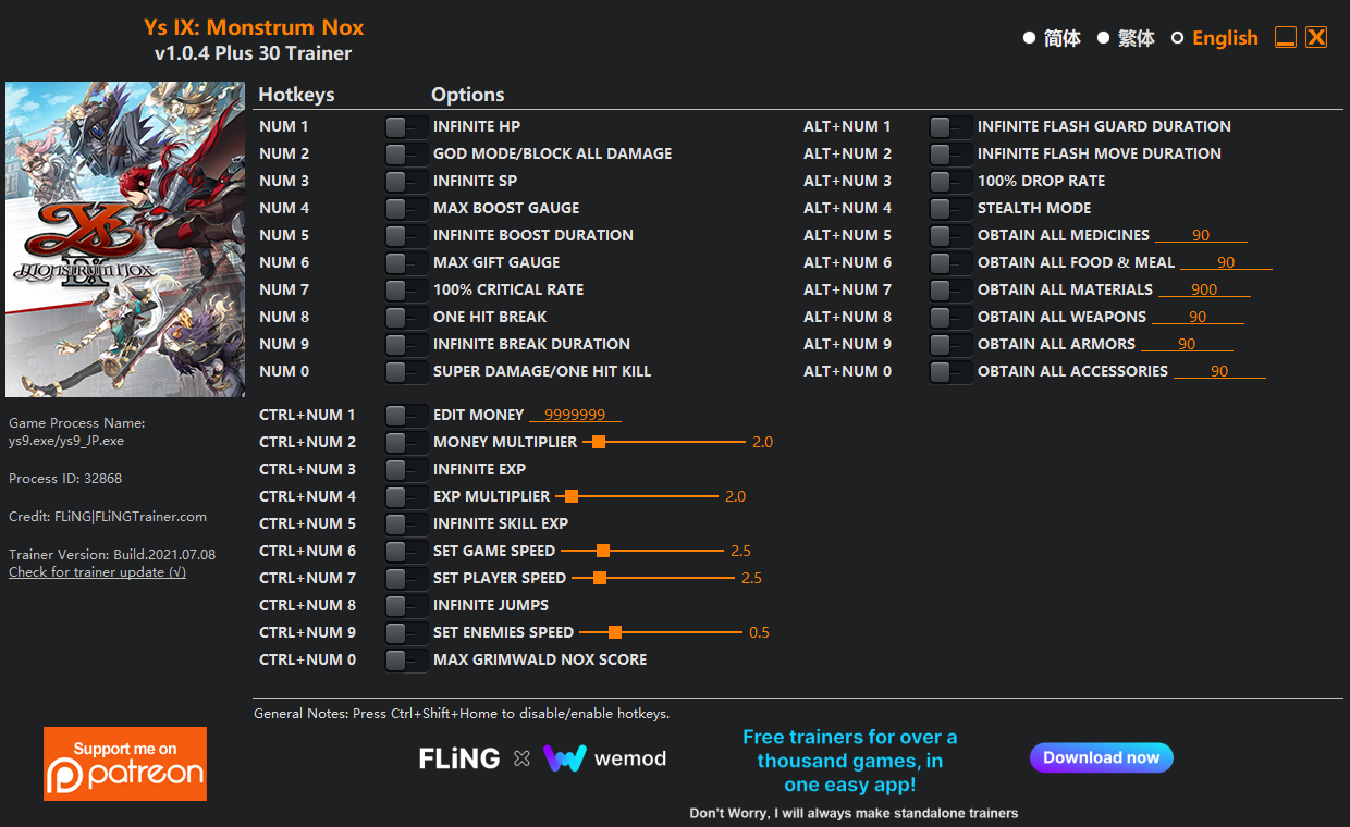 Ys IX Monstrum Nox v1.04 Trainer +30