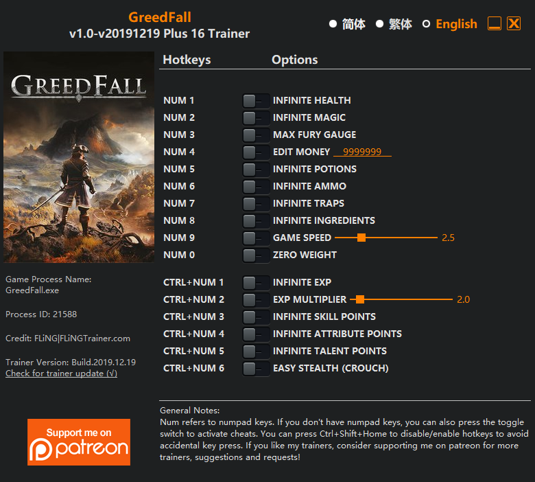 Greedfall v2019.19.02 Trainer +16