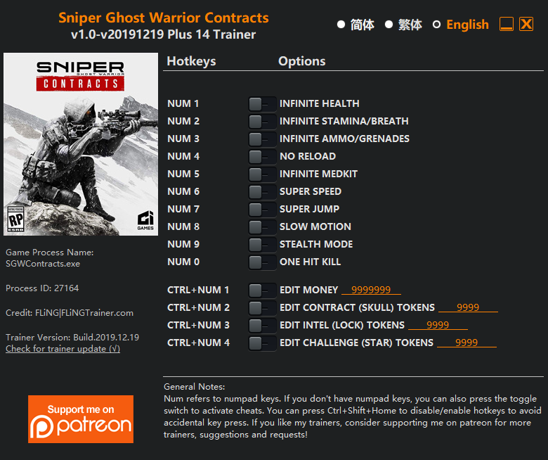 Sniper Ghost Warrior Contracts v2019.19.12 Trainer +14