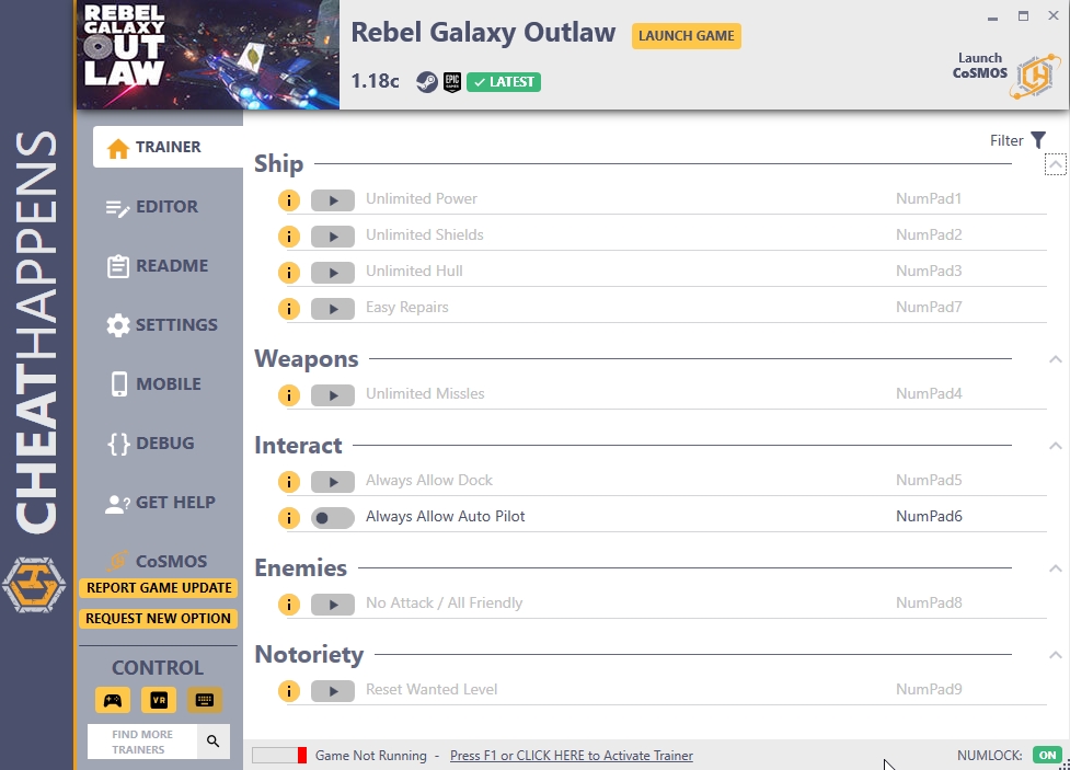 Rebel Galaxy Outlaw v1.18c Trainer