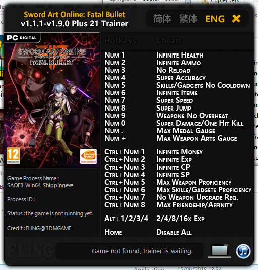 Sword Art Online: Fatal Bullet v1.9.0 Trainer +21